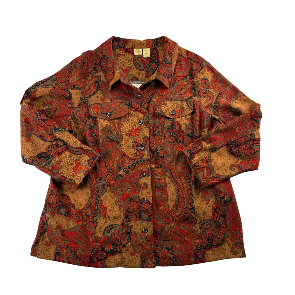 Islander Women 2X Paisley Button Down Shirt Shacket Groovy Grannycore Rust Brown